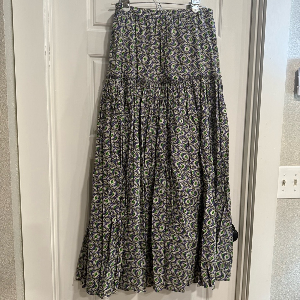 Coldwater Creek Boho Floral Midi Skirt Size S Blue Green Tiered Pull On - Picture 4 of 9